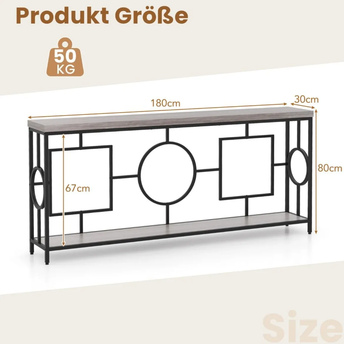 Vintage Konsolentisch 180cm Flurtisch mit 2 Ebenen Sofatisch schmal mit Metallgestell