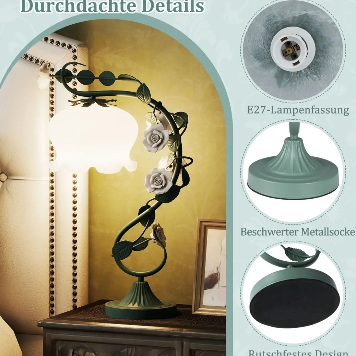 Vintage Nachttischlampe mit Maiglöckchen-Glasschirm & 6 Keramikrosen & Metallblätter Retro Tischlampe