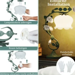 Vintage Nachttischlampe mit Maiglöckchen-Glasschirm & 6 Keramikrosen & Metallblätter Retro Tischlampe