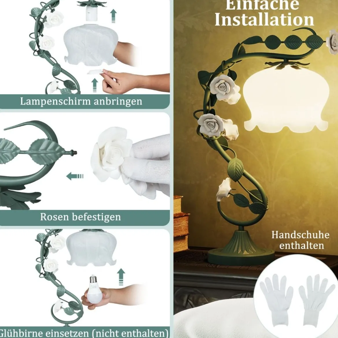 Vintage Nachttischlampe mit Maiglöckchen-Glasschirm & 6 Keramikrosen & Metallblätter Retro Tischlampe