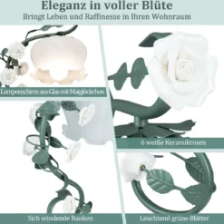 Vintage Nachttischlampe mit Maiglöckchen-Glasschirm & 6 Keramikrosen & Metallblätter Retro Tischlampe