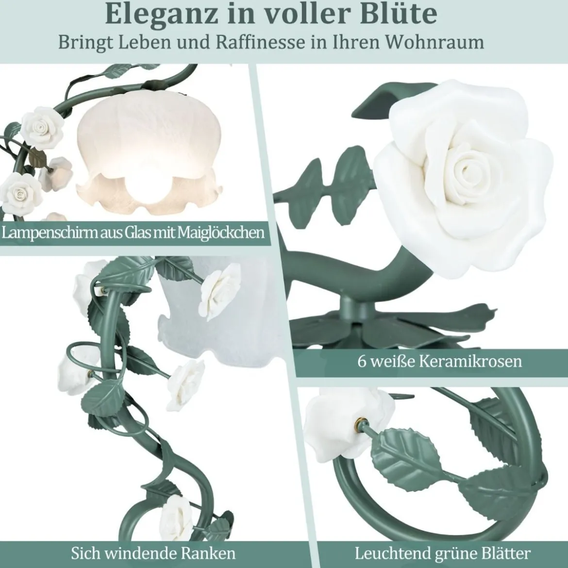 Vintage Nachttischlampe mit Maiglöckchen-Glasschirm & 6 Keramikrosen & Metallblätter Retro Tischlampe