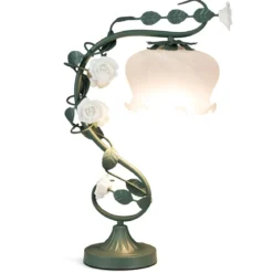 Vintage Nachttischlampe mit Maiglöckchen-Glasschirm & 6 Keramikrosen & Metallblätter Retro Tischlampe