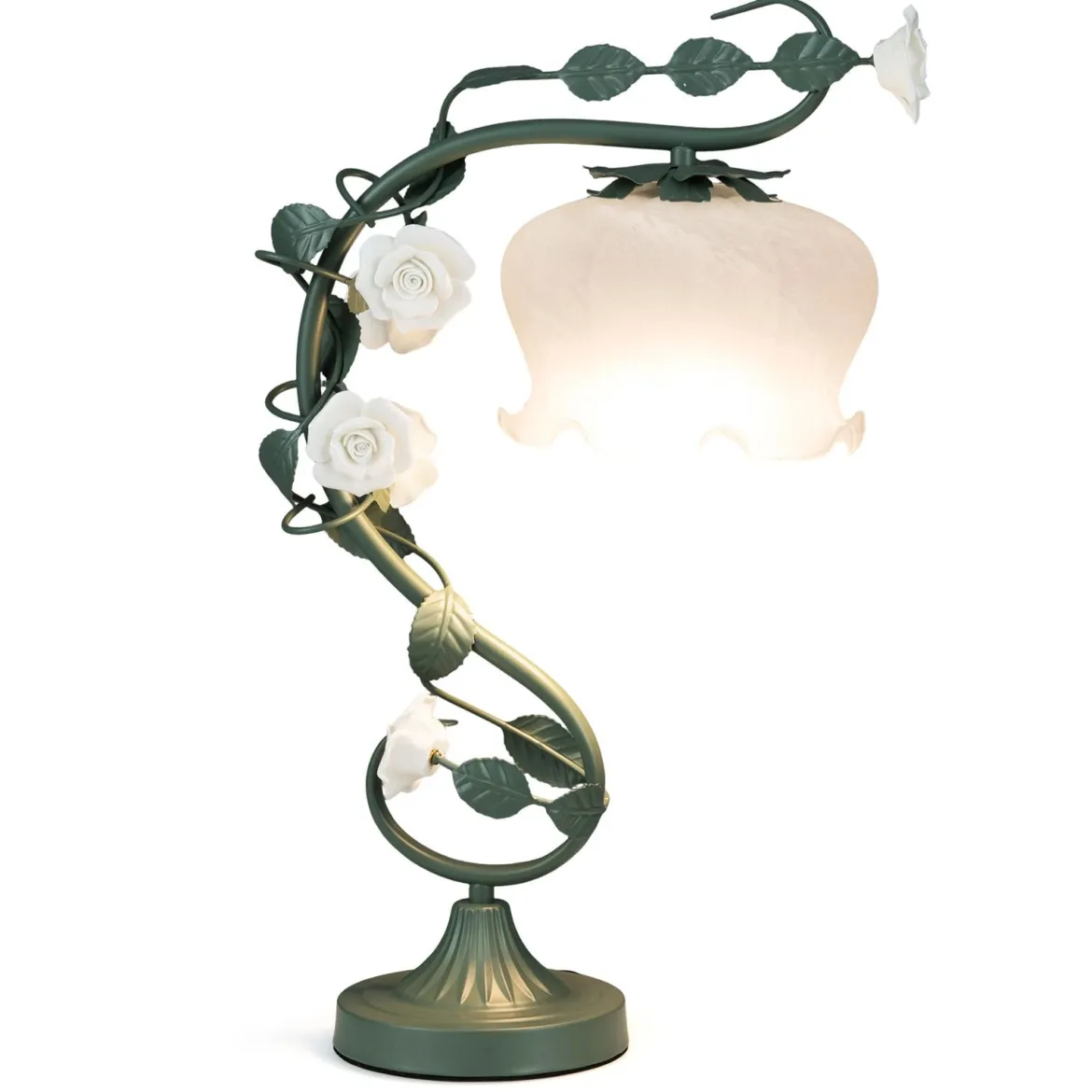 Vintage Nachttischlampe mit Maiglöckchen-Glasschirm & 6 Keramikrosen & Metallblätter Retro Tischlampe