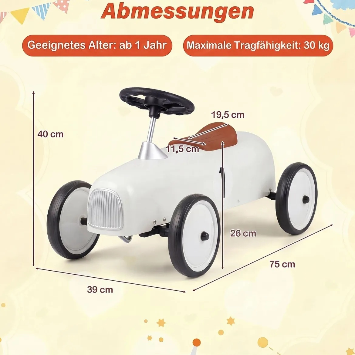 Vintage Rutschauto aus Metall für Kleinkinder ab 18 Monaten Weiß/Schwarz/Rot