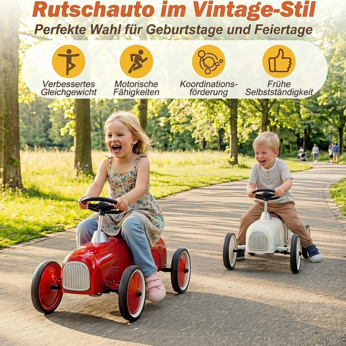 Vintage Rutschauto aus Metall für Kleinkinder ab 18 Monaten Weiß/Schwarz/Rot
