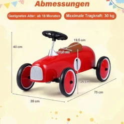 Vintage Rutschauto aus Metall für Kleinkinder ab 18 Monaten Weiß/Schwarz/Rot