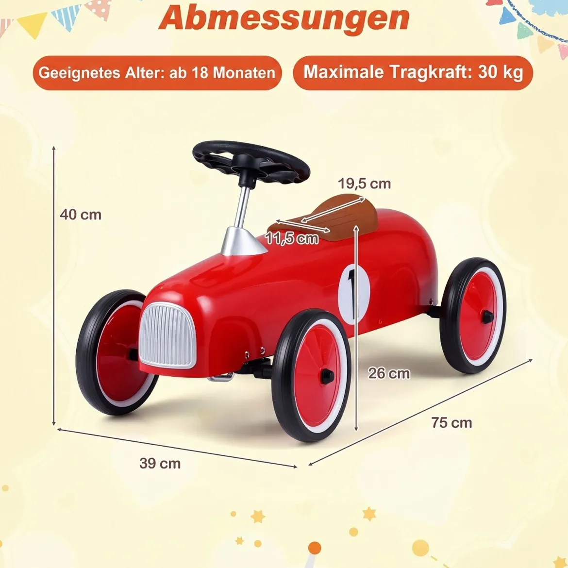 Vintage Rutschauto aus Metall für Kleinkinder ab 18 Monaten Weiß/Schwarz/Rot