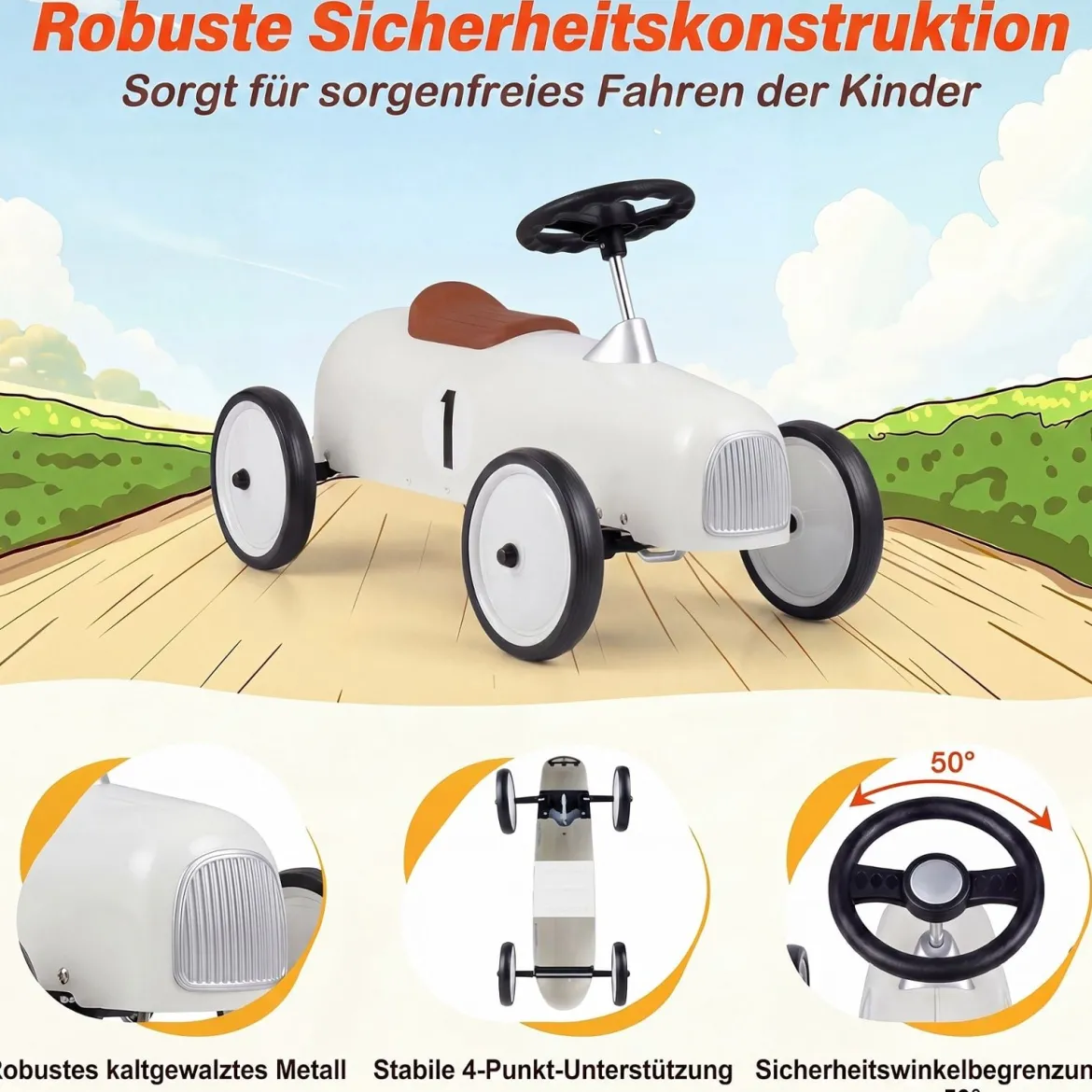 Vintage Rutschauto aus Metall für Kleinkinder ab 18 Monaten Weiß/Schwarz/Rot