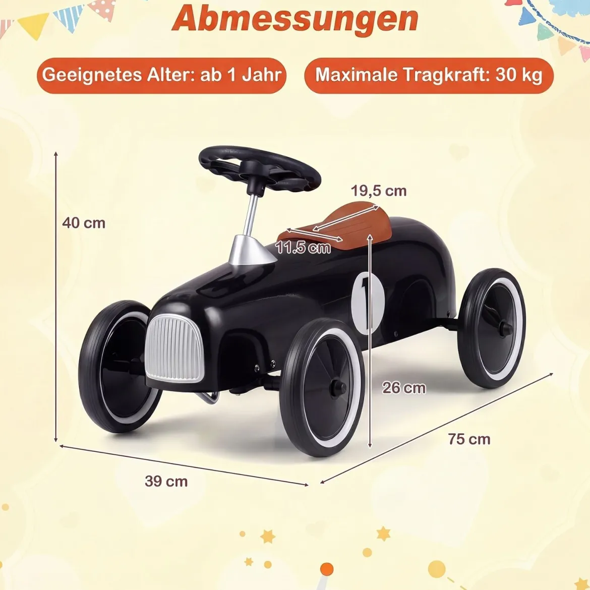 Vintage Rutschauto aus Metall für Kleinkinder ab 18 Monaten Weiß/Schwarz/Rot