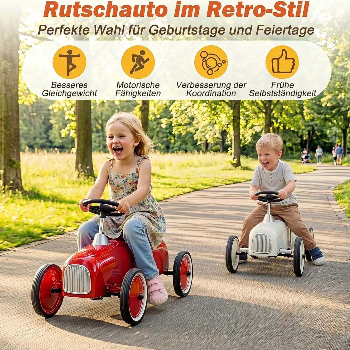 Vintage Rutschauto aus Metall für Kleinkinder ab 18 Monaten Weiß/Schwarz/Rot