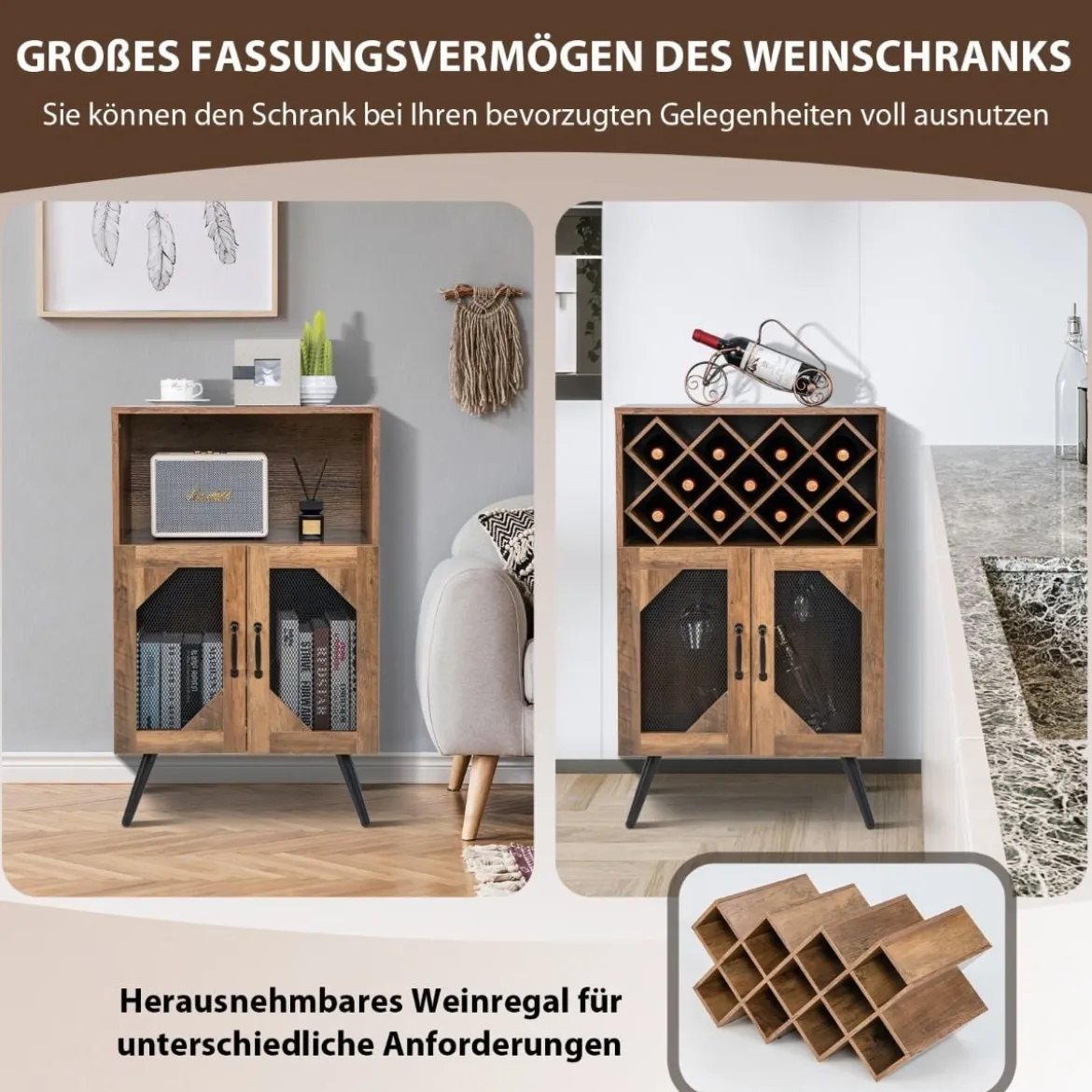 Vintage Weinschrank mit Abnehmbarem Weinregal Barschrank für 11 Weinflaschen & 9 Weingläser Braun