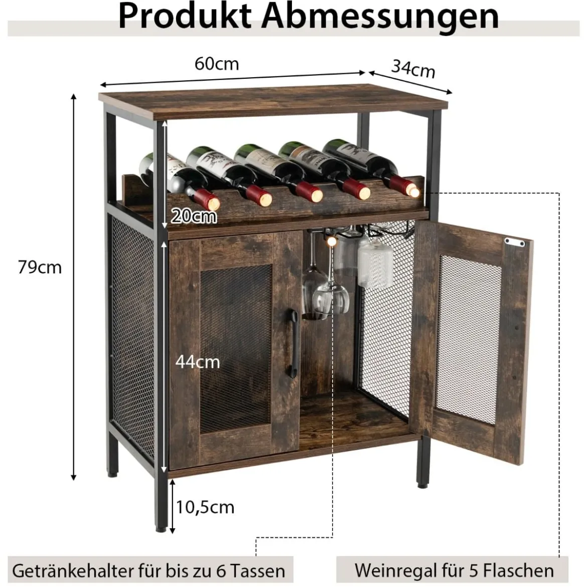 Vintage Weinschrank mit Abnehmbarem Weinregal & Integrierten Glashaltern Rustikales Braun