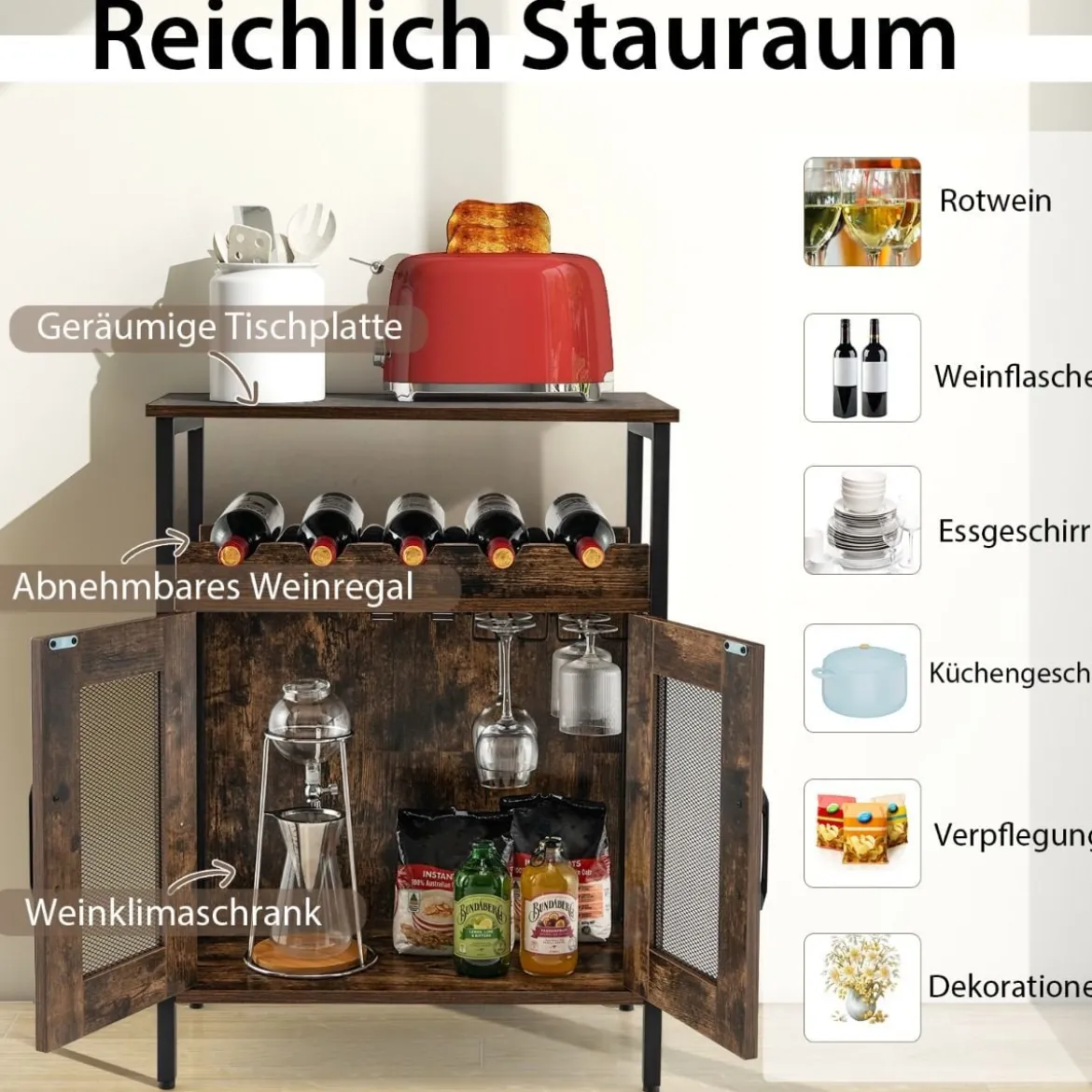 Vintage Weinschrank mit Abnehmbarem Weinregal & Integrierten Glashaltern Rustikales Braun