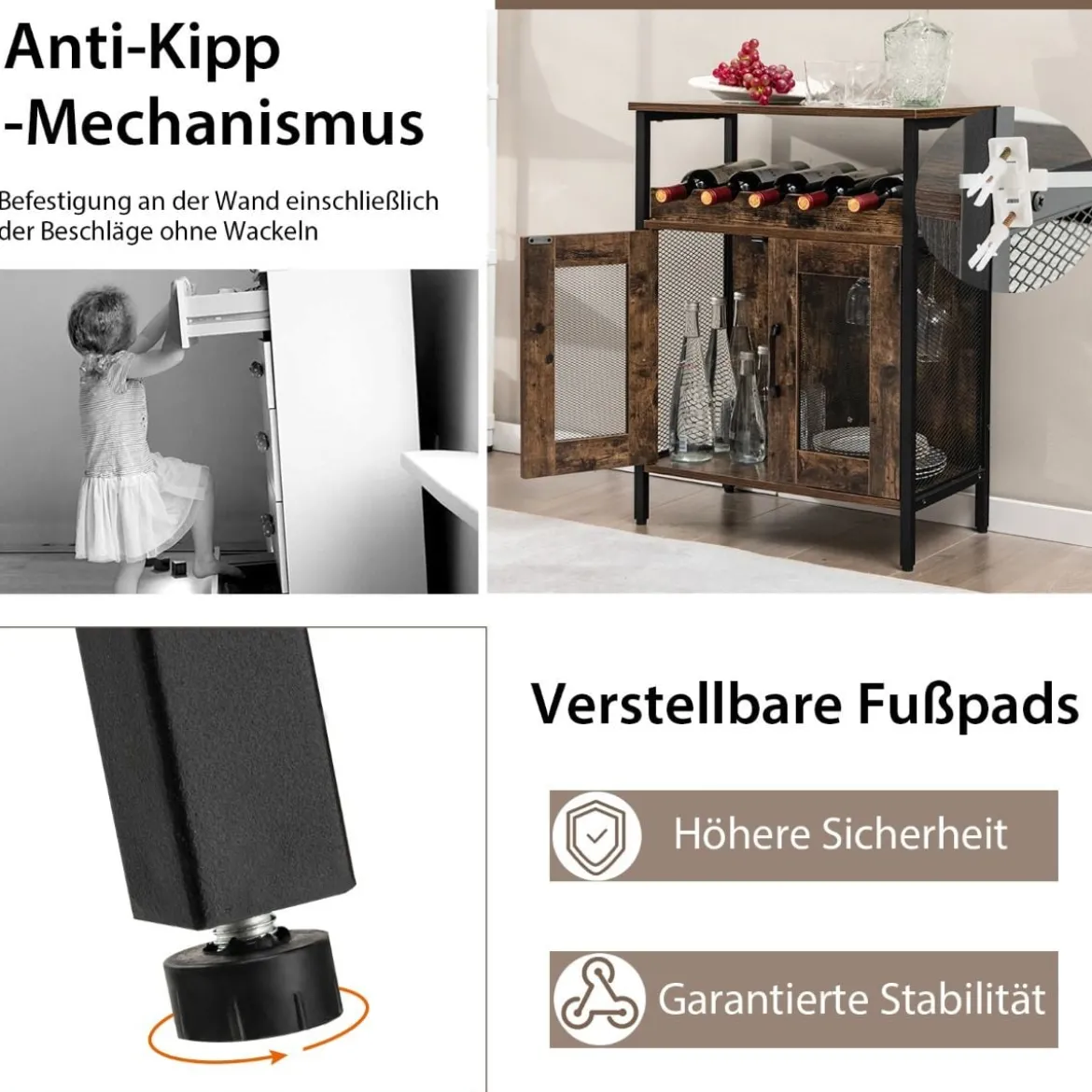 Vintage Weinschrank mit Abnehmbarem Weinregal & Integrierten Glashaltern Rustikales Braun