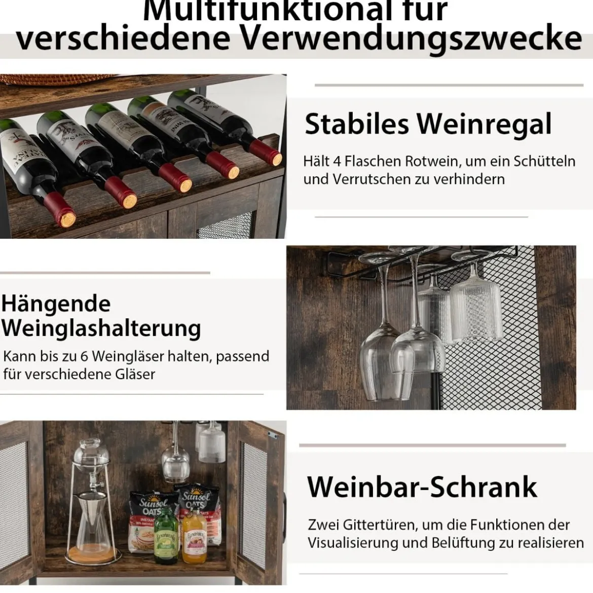 Vintage Weinschrank mit Abnehmbarem Weinregal & Integrierten Glashaltern Rustikales Braun