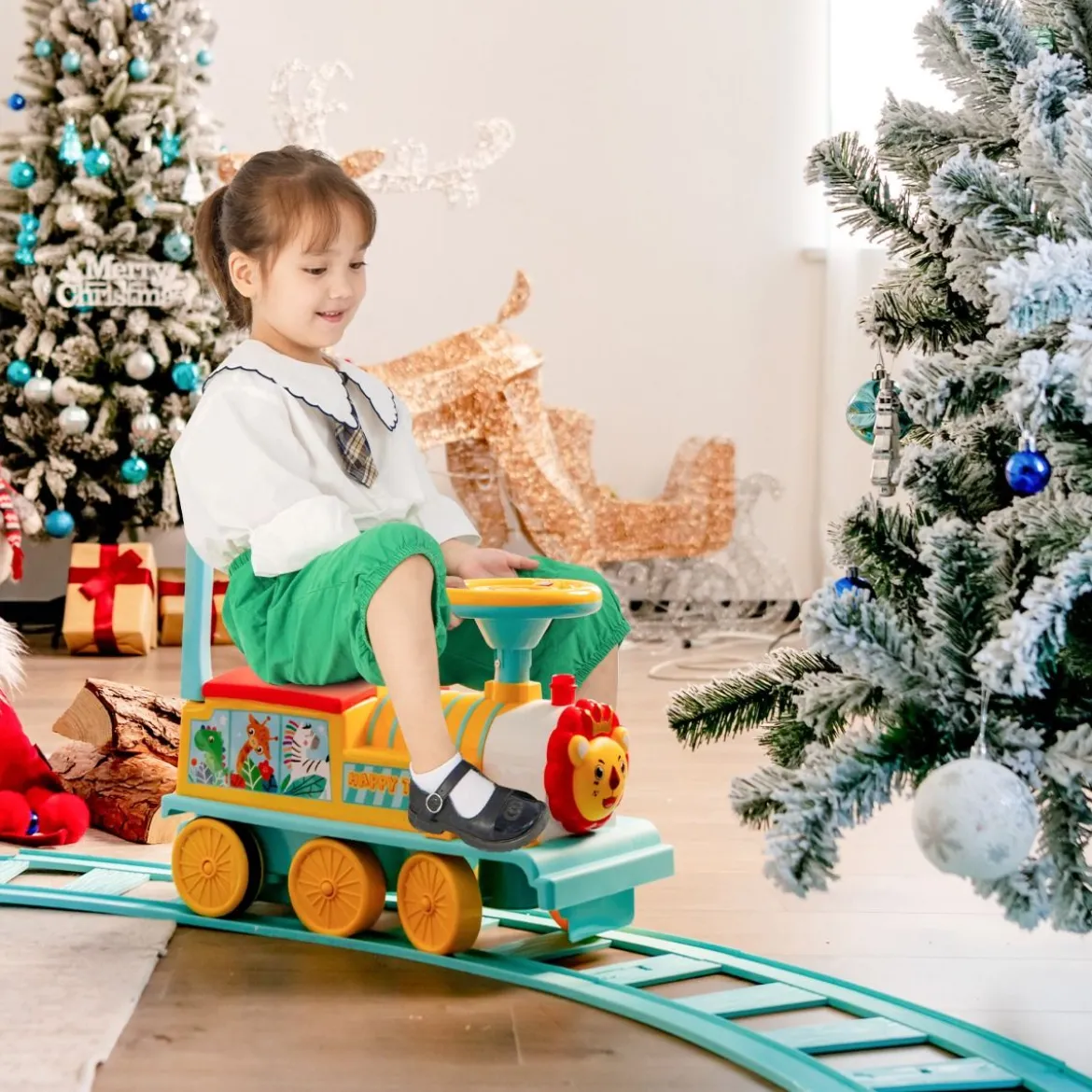 6V Kinder Aufsitz Lokomotive mit Bahn Elektro Kinderauto mit Musik & Lichter & Box unter dem Sitz