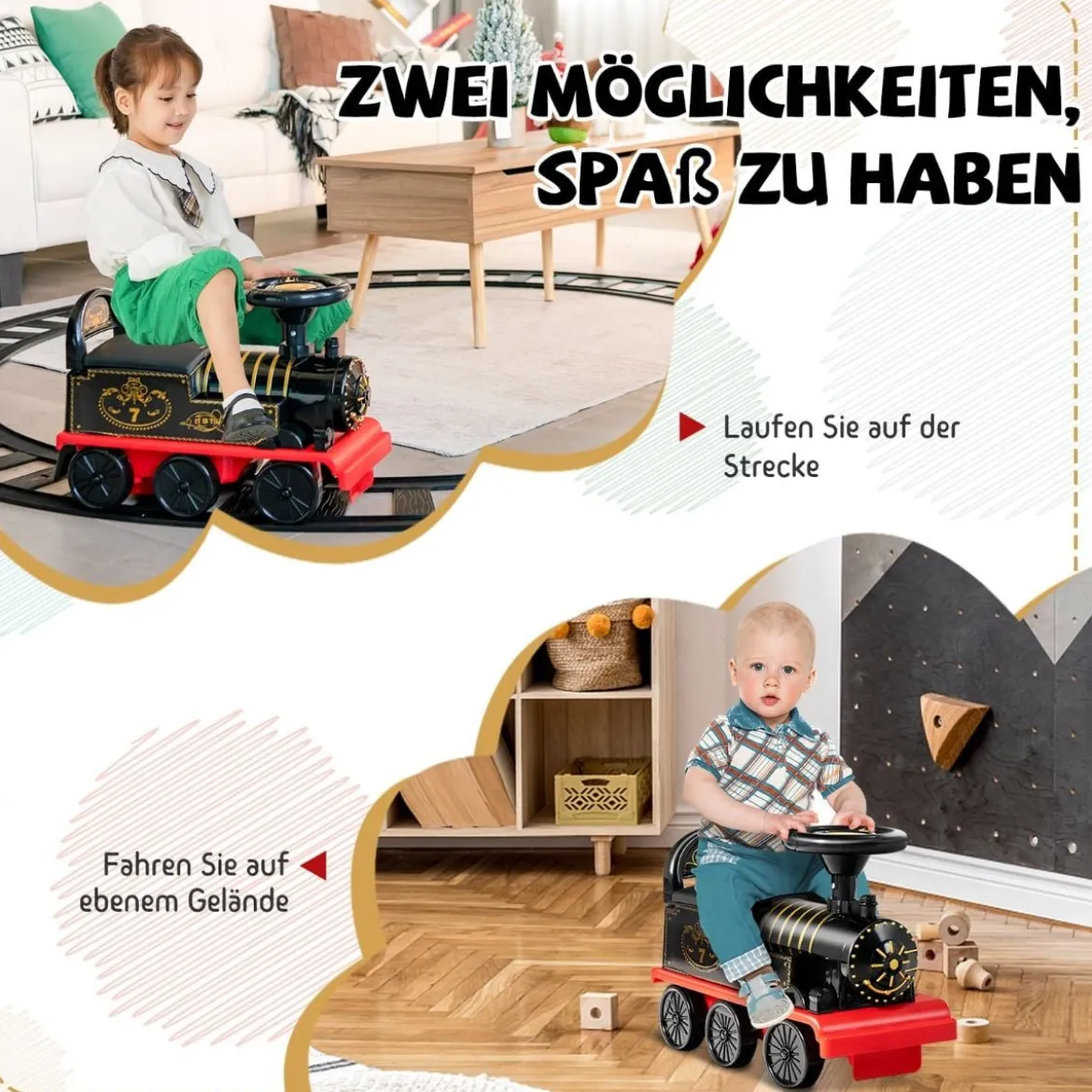 6V Kinder Aufsitz Lokomotive mit Bahn Elektro Kinderauto mit Musik & Lichter & Box unter dem Sitz