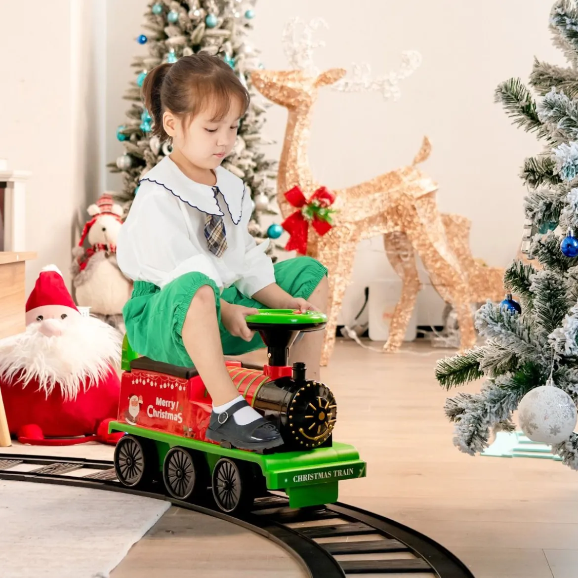 6V Kinder Aufsitz Lokomotive mit Bahn Elektro Kinderauto mit Musik & Lichter & Box unter dem Sitz
