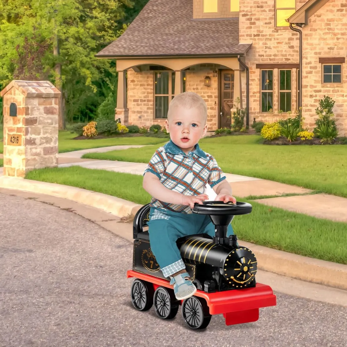 6V Kinder Aufsitz Lokomotive mit Bahn Elektro Kinderauto mit Musik & Lichter & Box unter dem Sitz