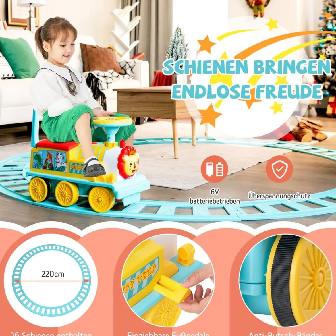 6V Kinder Aufsitz Lokomotive mit Bahn Elektro Kinderauto mit Musik & Lichter & Box unter dem Sitz
