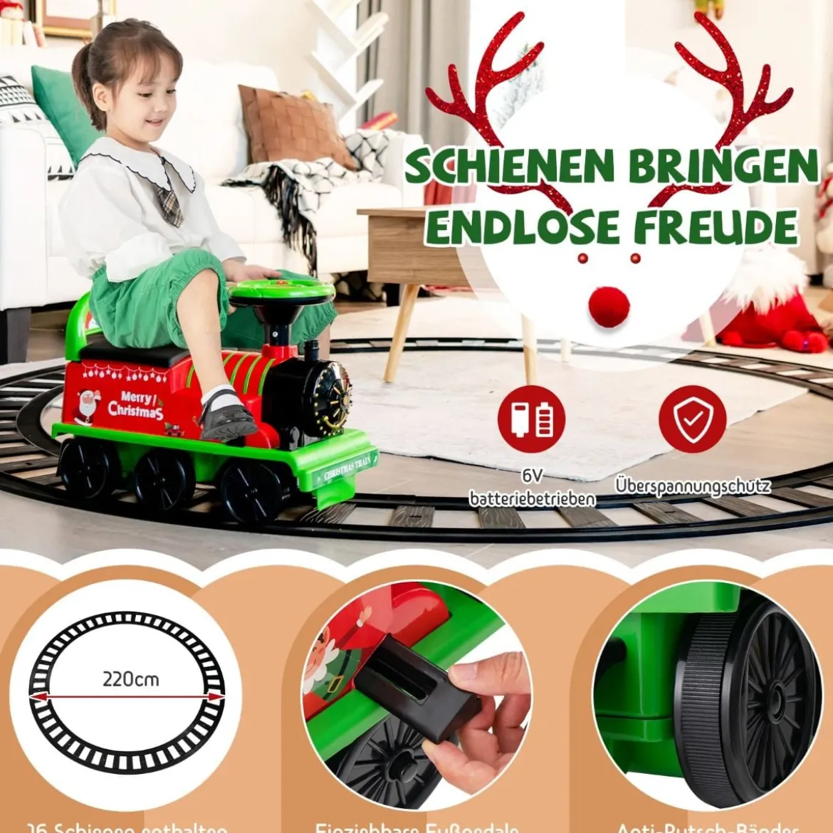 6V Kinder Aufsitz Lokomotive mit Bahn Elektro Kinderauto mit Musik & Lichter & Box unter dem Sitz