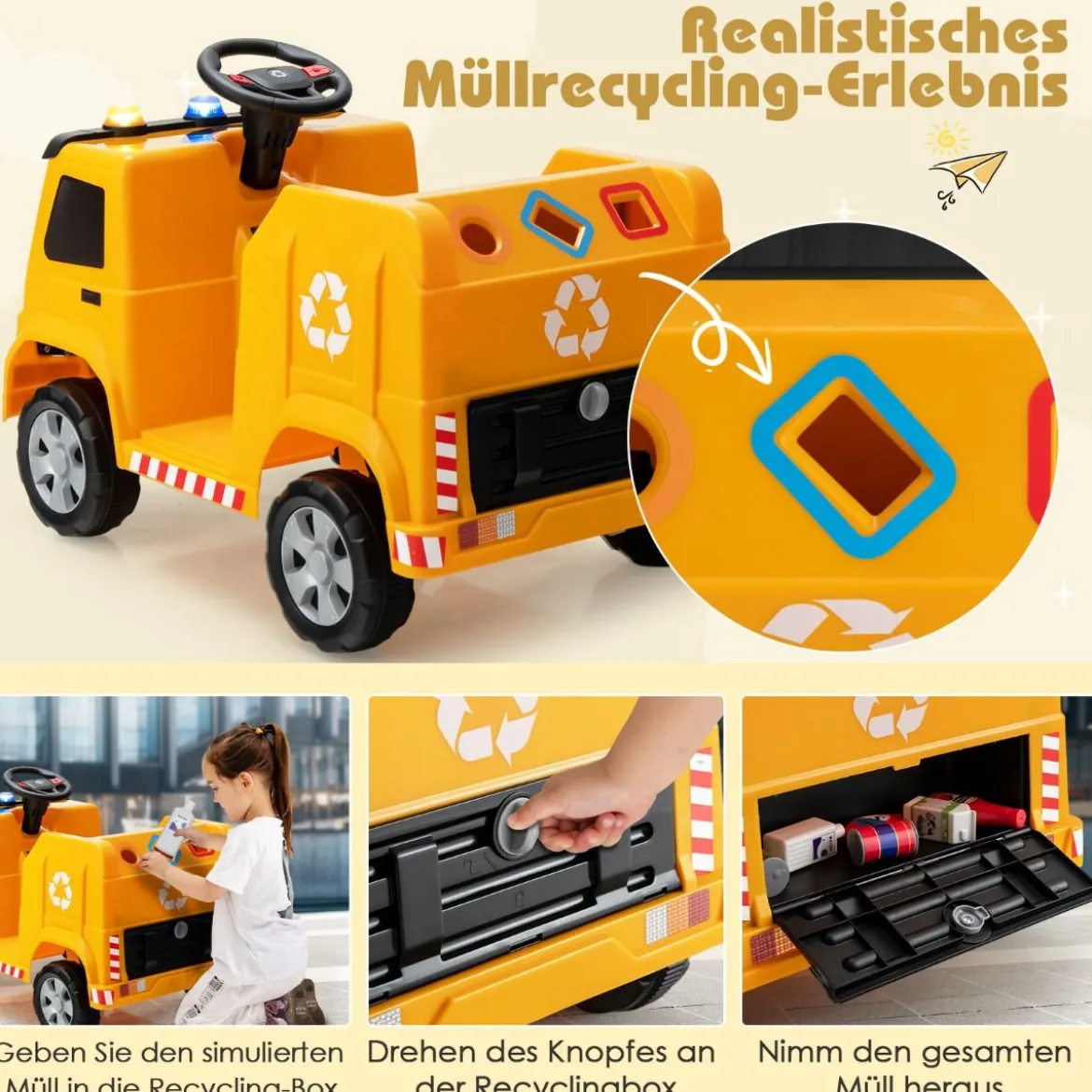 12V Kinder Aufsitz Müllwagen mit Musik Elektroauto mit Vorwärts-/Stop-/Rückwärtsfunktion Gelb