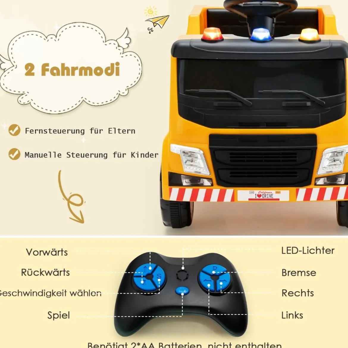 12V Kinder Aufsitz Müllwagen mit Musik Elektroauto mit Vorwärts-/Stop-/Rückwärtsfunktion Gelb