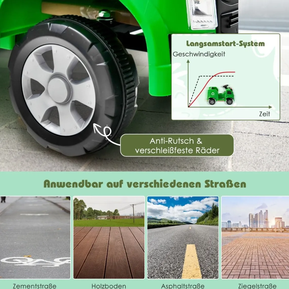12V Kinder Aufsitz Müllwagen mit Musik & Hupen & Licht & Fernbedienung Grün