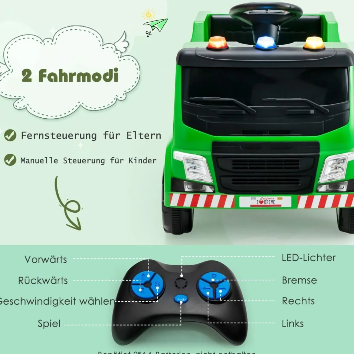 12V Kinder Aufsitz Müllwagen mit Musik & Hupen & Licht & Fernbedienung Grün