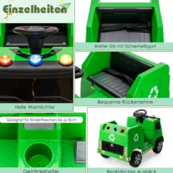 12V Kinder Aufsitz Müllwagen mit Musik & Hupen & Licht & Fernbedienung Grün