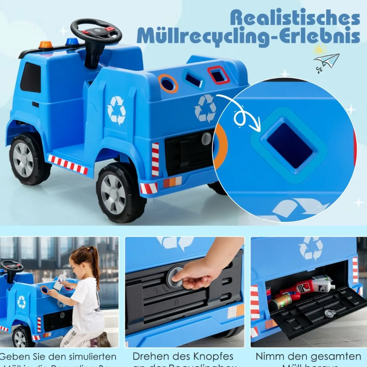 12V Kinder Aufsitz Müllwagen mit Musik & Hupen & Licht & Fernbedienung Blau