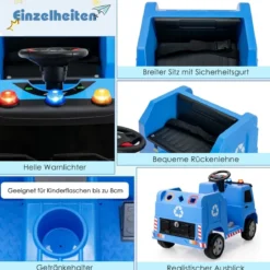 12V Kinder Aufsitz Müllwagen mit Musik & Hupen & Licht & Fernbedienung Blau