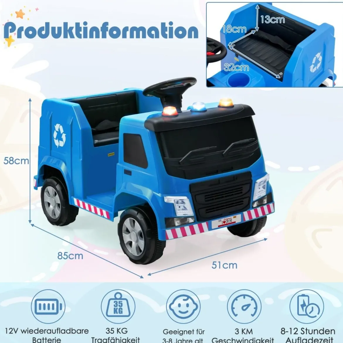 12V Kinder Aufsitz Müllwagen mit Musik & Hupen & Licht & Fernbedienung Blau
