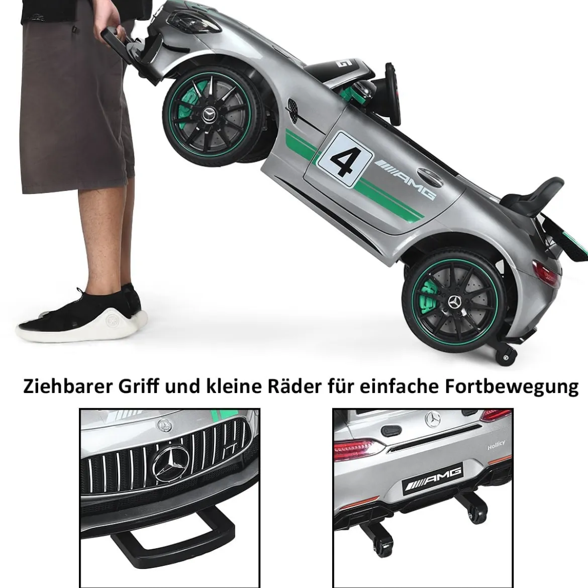12V Kinderauto mit 2,4G Fernbedienung 3 Gang Elektroauto 3-5km/h mit LED Scheinwerfer Silbergrau