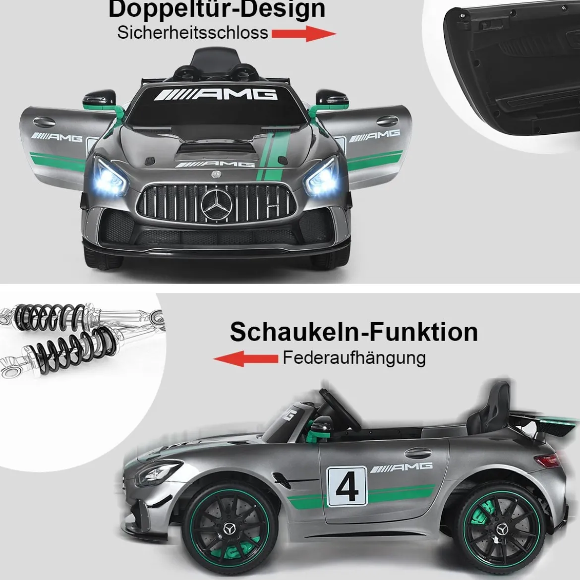 12V Kinderauto mit 2,4G Fernbedienung 3 Gang Elektroauto 3-5km/h mit LED Scheinwerfer Silbergrau