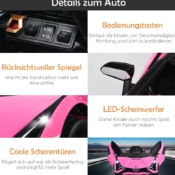 12V Kinderauto mit 2,4G-Fernbedienung mit Musik und LED-Scheinwerfer 108 x 64 x 41 cm Rosa