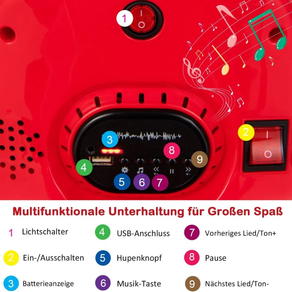 6V Kinder Autoscooter 360 Grad Drehung mit Musik & bunten LED Lichtern Rot