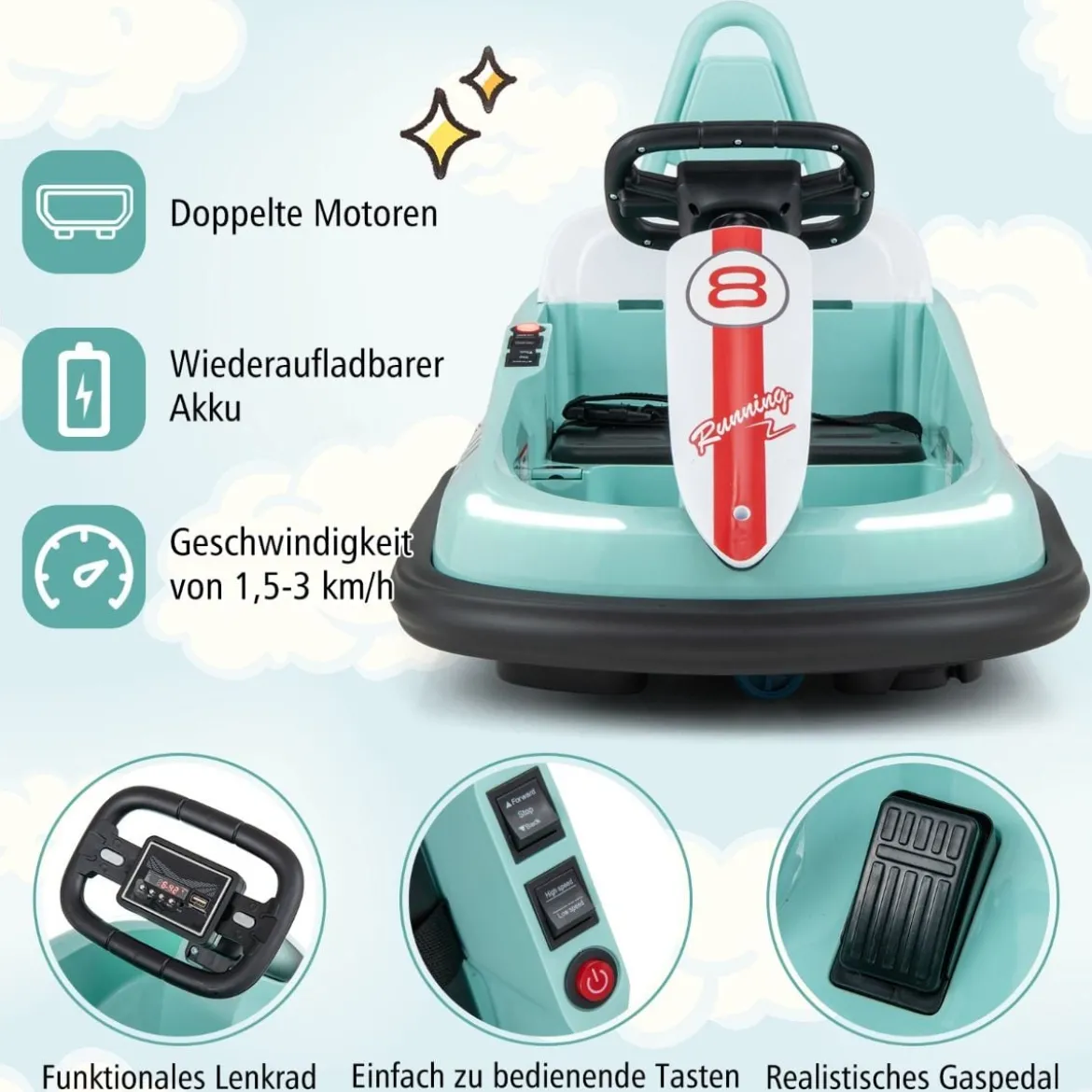6V Kinder Autoscooter mit Musik & Lichtern & 360° Rotation Elektroauto Bumper car 1,5-3 km/h Grün