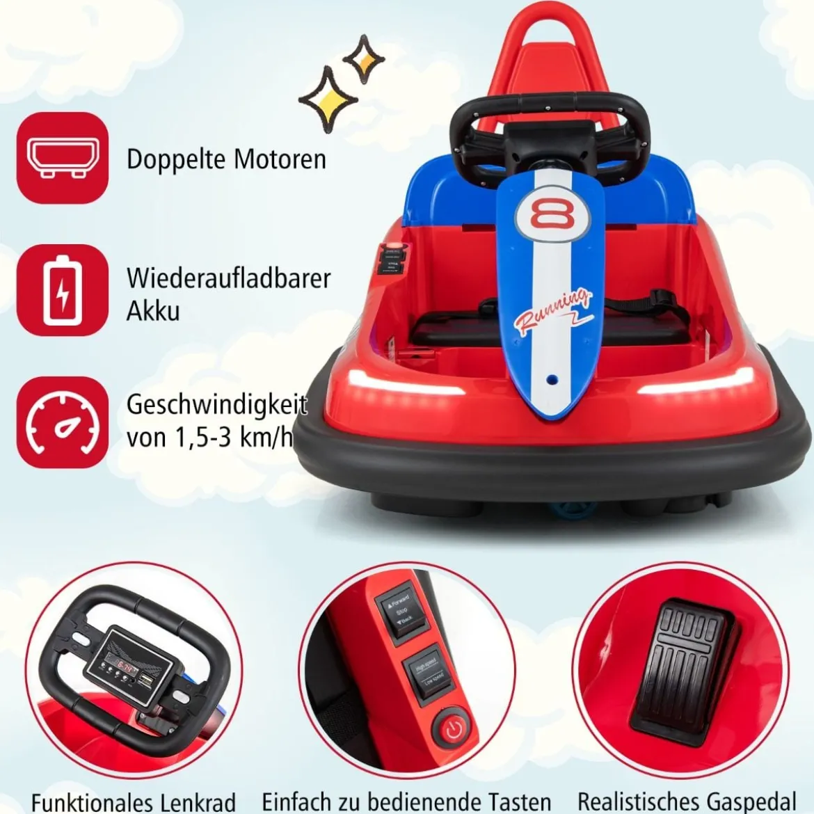 6V Kinder Autoscooter mit Musik & Lichtern & 360° Rotation Elektroauto Bumper car 1,5-3 km/h Rot