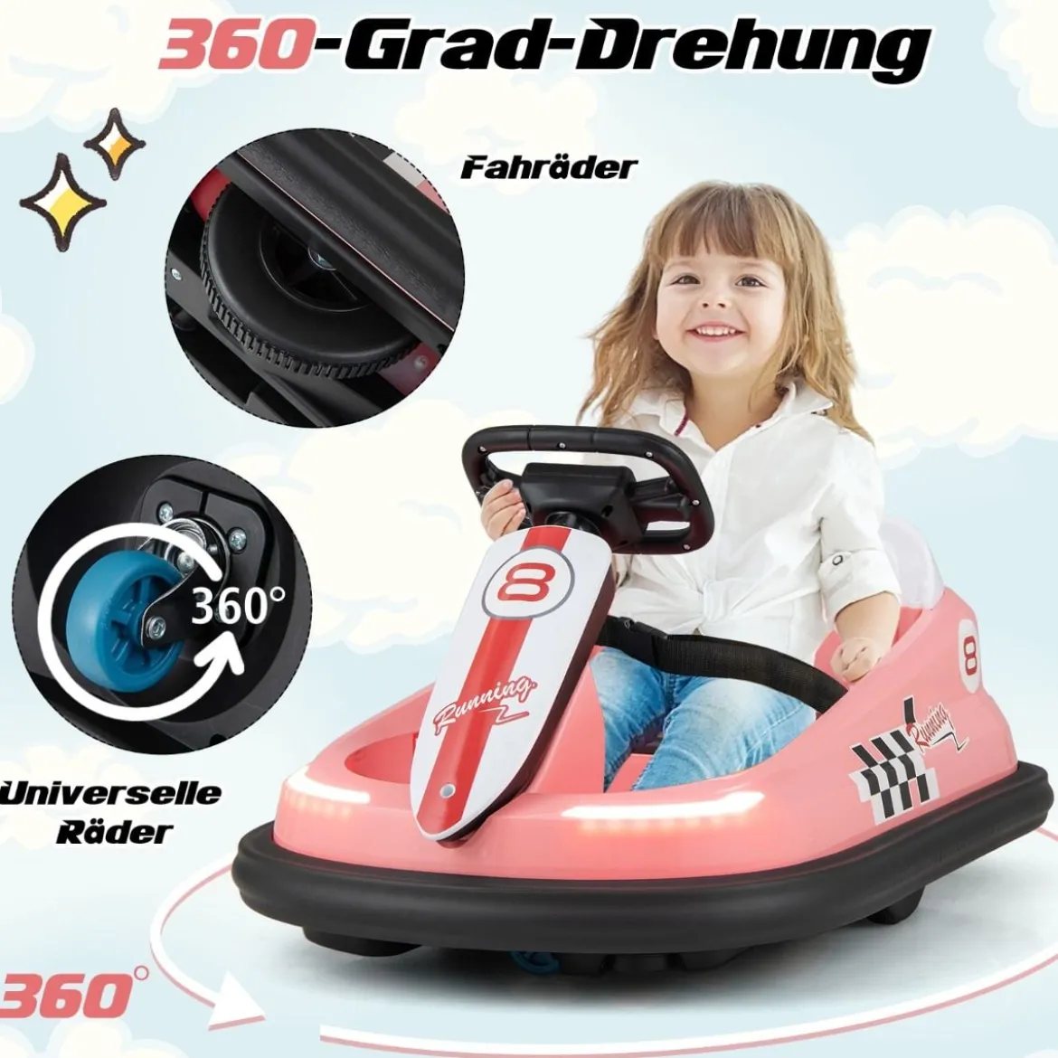 6V Kinder Autoscooter mit Musik & Lichtern & 360° Rotation Elektroauto Bumper car 1,5-3 km/h Rosa