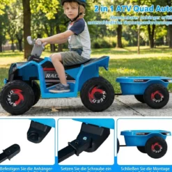 6V Kinder Elektrischer ATV mit Anhänger Elektrofahrzeug mit verschleißfesten Rädern Blau