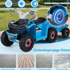 6V Kinder Elektrischer ATV mit Anhänger Elektrofahrzeug mit verschleißfesten Rädern Blau