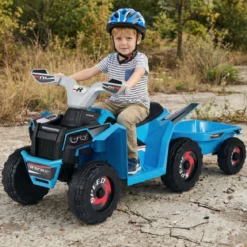 6V Kinder Elektrischer ATV mit Anhänger Elektrofahrzeug mit verschleißfesten Rädern Blau