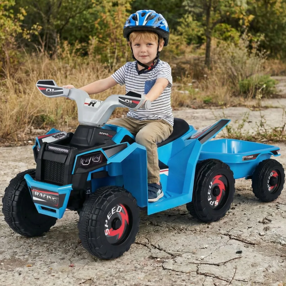 6V Kinder Elektrischer ATV mit Anhänger Elektrofahrzeug mit verschleißfesten Rädern Blau