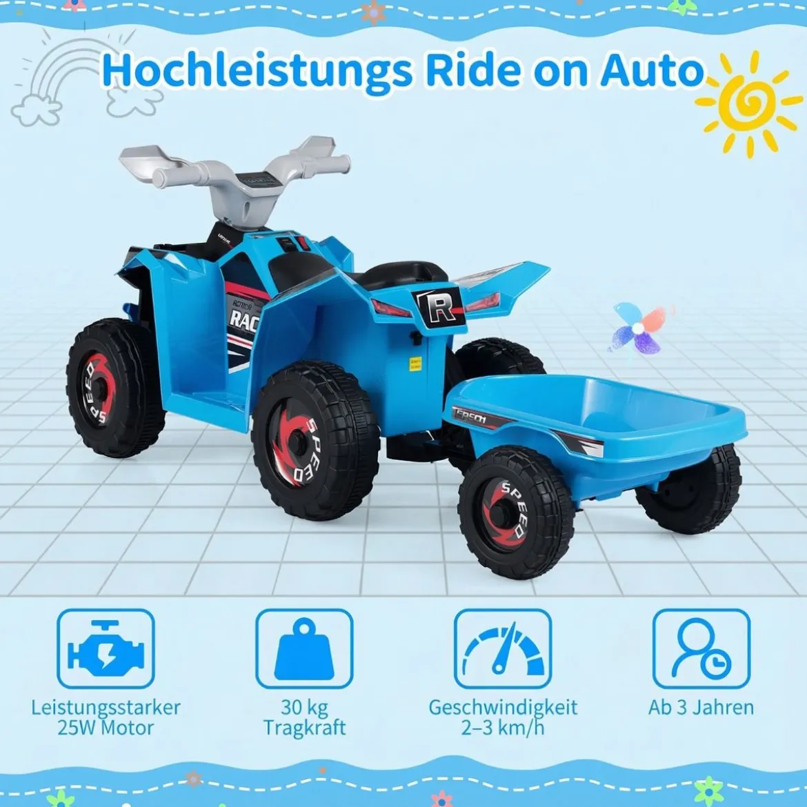 6V Kinder Elektrischer ATV mit Anhänger Elektrofahrzeug mit verschleißfesten Rädern Blau