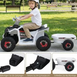 6V Kinder Elektrischer ATV mit Anhänger Elektrofahrzeug mit verschleißfesten Rädern Weiß