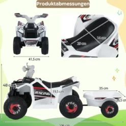 6V Kinder Elektrischer ATV mit Anhänger Elektrofahrzeug mit verschleißfesten Rädern Weiß