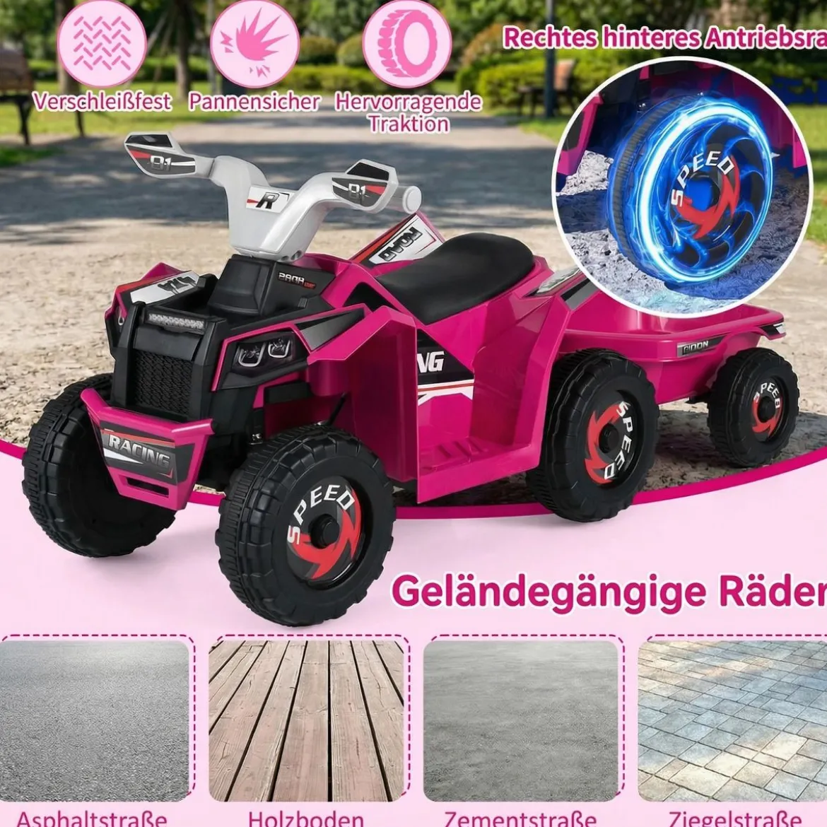 6V Kinder Elektrischer ATV mit Anhänger Elektrofahrzeug mit verschleißfesten Rädern Rosa
