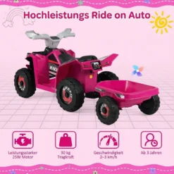 6V Kinder Elektrischer ATV mit Anhänger Elektrofahrzeug mit verschleißfesten Rädern Rosa